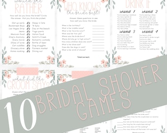 May include: Ten printable bridal shower games with floral illustrations. The games include "Would She Rather", "Who Knows the Bride Best", "Drink If", "What Did the Groom Say", and "Bridal Shower Games".