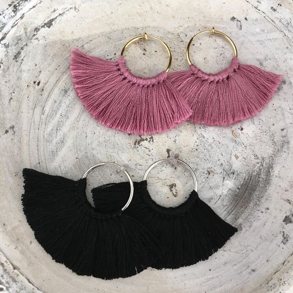 Invisible Clip on hoop earrings for non pierced ear tassel earrings fringe earrings black pink  gold hoops earrings boho bohemian  no pain