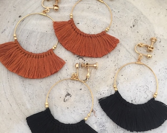 Tassel Earrings Fringe Earrings Dangle Earrings Gold hoop Tassels Boho hypoallergenic Macrame black brown burnt orange