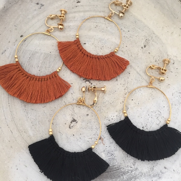 Tassel Earrings Fringe Earrings Dangle Earrings Gold hoop Tassels Boho hypoallergenic Macrame black brown burnt orange