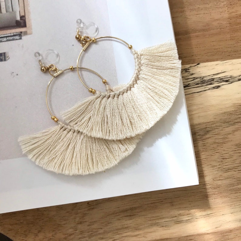 Fringe Earrings Invisible Clip-On Earrings Hypoallergenic Dangle Earrings Bohemian Jewelry Allergy-Free Hoop Tassel Earrings image 2