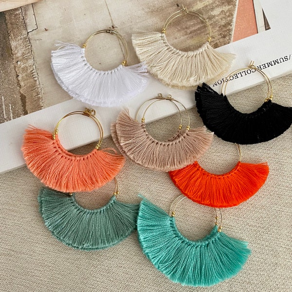 Fringe hoop earrings tassel earrings trival boho bohemian green white cream burnt orange earth colorsは