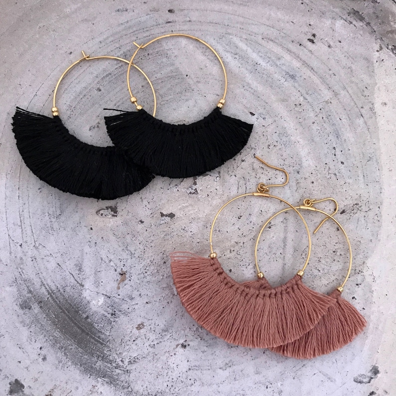 Fringe Earrings Boho Tassel Hoop Earrings Black Ashpink Etsy