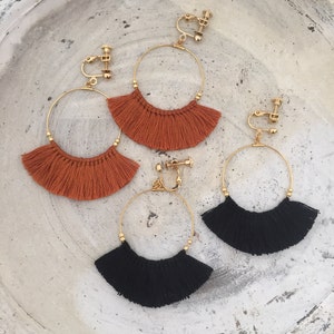 Tassel Earrings Fringe Earrings Dangle Earrings Gold hoop Tassels Boho hypoallergenic Macrame black brown burnt orange image 3