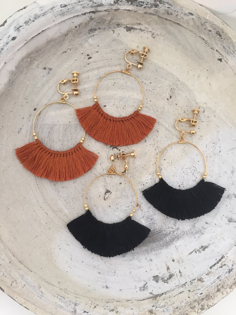 Tassel Earrings Fringe Earrings Dangle Earrings Gold hoop Tassels Boho hypoallergenic Macrame black brown burnt orange image 3