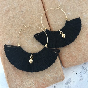 Fringe earrings with gold ball. Pink beige black gold hoop earrings