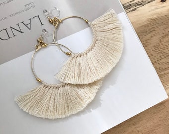 Boucles d'oreilles à franges - Boucles d'oreilles clips invisibles Boucles d'oreilles pendantes hypoallergéniques Bijoux Boho Boucles d'oreilles Hoop Tassel sans allergie