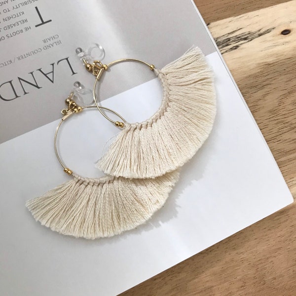 Boucles d'oreilles à franges - Boucles d'oreilles clips invisibles Boucles d'oreilles pendantes hypoallergéniques Bijoux Boho Boucles d'oreilles Hoop Tassel sans allergie