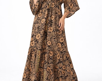 Floral Rayon Kaftan Dress, Bohemian Maxi Dress, Festival Wear
