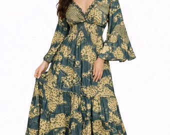 Boho Maxi Dress| Silk Flare Arm Dress| Party Dress| Vacation Clothes | Long Sleeve Dresses | Boho Dress | Gypsy Clothing |