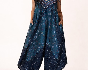 Women Boho Wide Leg Jumpsuit Rayon Festival Outfit Loose Fit Hippie Jumpsuit with Pockets