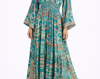 Boho Kaftan Maxi Dress, Rayon Summer Party, V-Neck Tiered Style