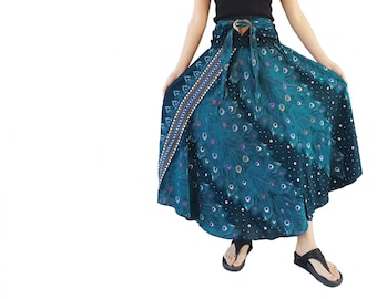 Boho Skirt Maxi Long Skirt Festival Beach Casual Smocked Waist with Coconut Belt
