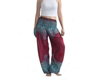 Womens Thai Print Harem Pants Elastic Waist Boho Loose Yoga Elephant Pants Trousers Han Shi