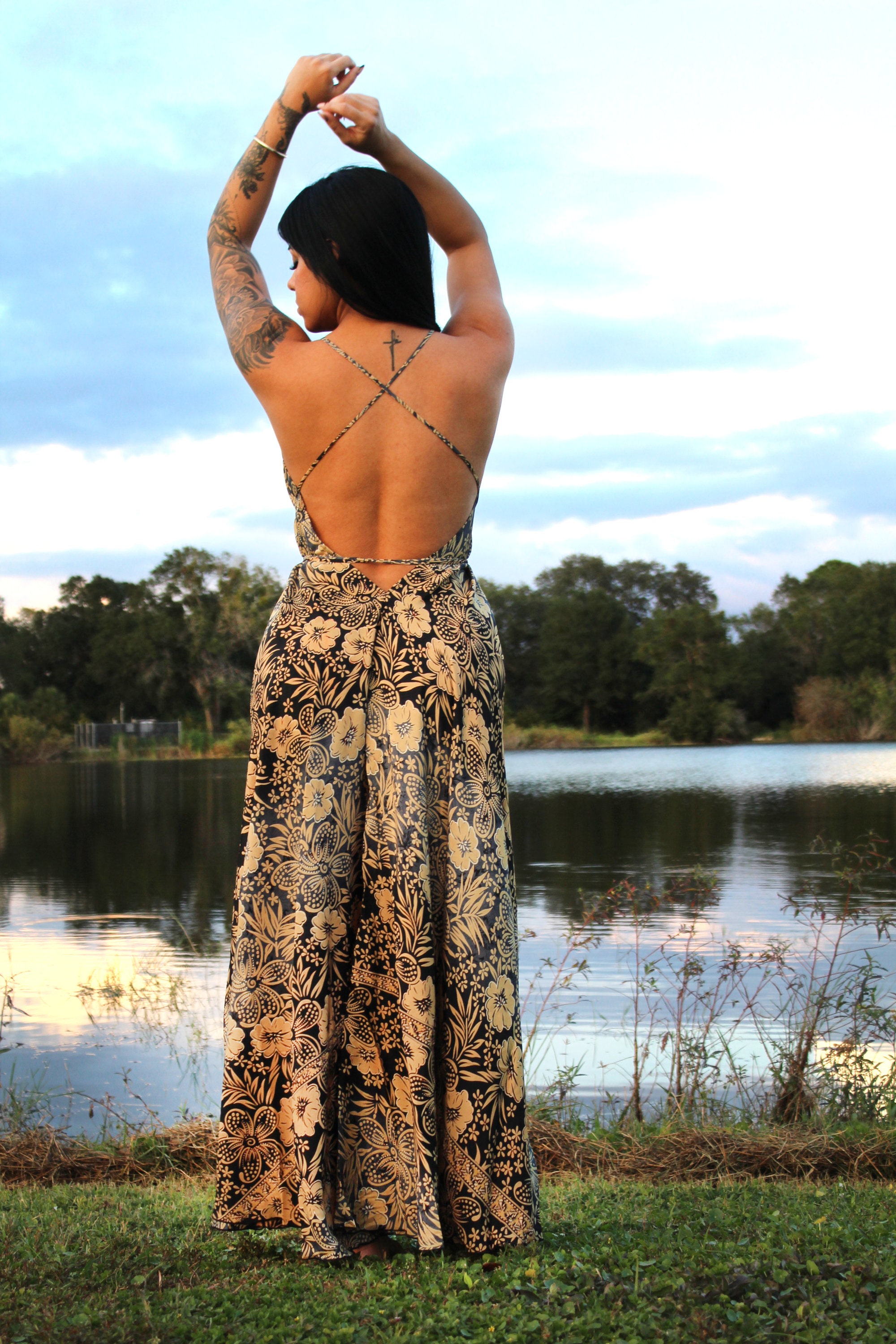 Silk Boho Maxi Dress: Deep V-Neck, Floral Print, Open Back
