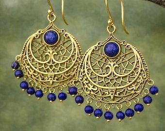 Brass Boho Filigree Earrings with Blue Stone, Handmade Dangle Earrings, Festival Jewelry, Bohemian Earrings, Gift for Her