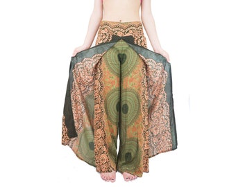 May include: Wide-leg pants with a colorful mandala design. The pants feature a black border with a floral pattern and a green, orange, and brown center. The fabric appears lightweight and flowing, suitable for warm weather.