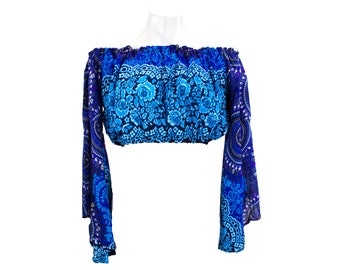 Boho Rayon Crop Top: Bell Sleeve Off Shoulder Blouse
