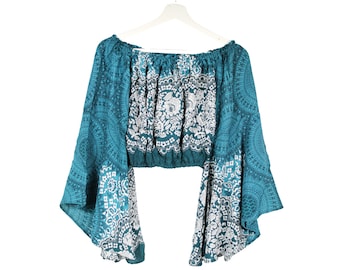 Boho Rayon Crop Top: Bell Sleeve Blouse, Festival Clothing
