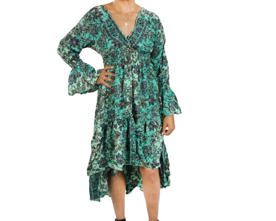 Silk Ruffle Maxi Dress: Vintage Floral Boho Flare Sleeve (S-M)