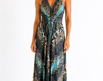 Silk Blend Boho Maxi Dress: Halter Open Back Beach Dress