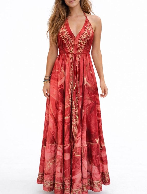 Silk Blend Boho Maxi Dress, Halter Open Back Beach Dress - Etsy