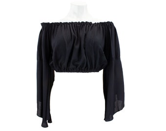 Rayon Boho Crop Top: Bell Sleeve Off Shoulder Blouse
