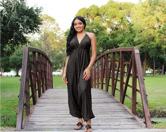 Black Boho Harem Jumpsuit: Sleeveless Rayon Romper