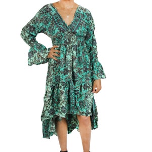 High Low Ruffle Dress Size S-M |Hippie Dress| Boho Maxi Dress| Silk Flare Arm dress| Party Dress| Vacation Clothes | Long Sleeve Dresses |