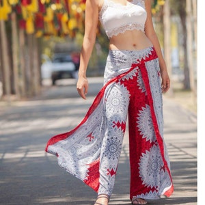 Yoga pants, hippie clothes, bohemian pants, wrap beach red and white, vacation open leg pants, womens palazzo slit wide leg casual beach