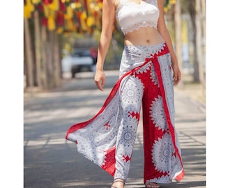 Red & White Bohemian Wrap Pants: High Slit Palazzo Trousers