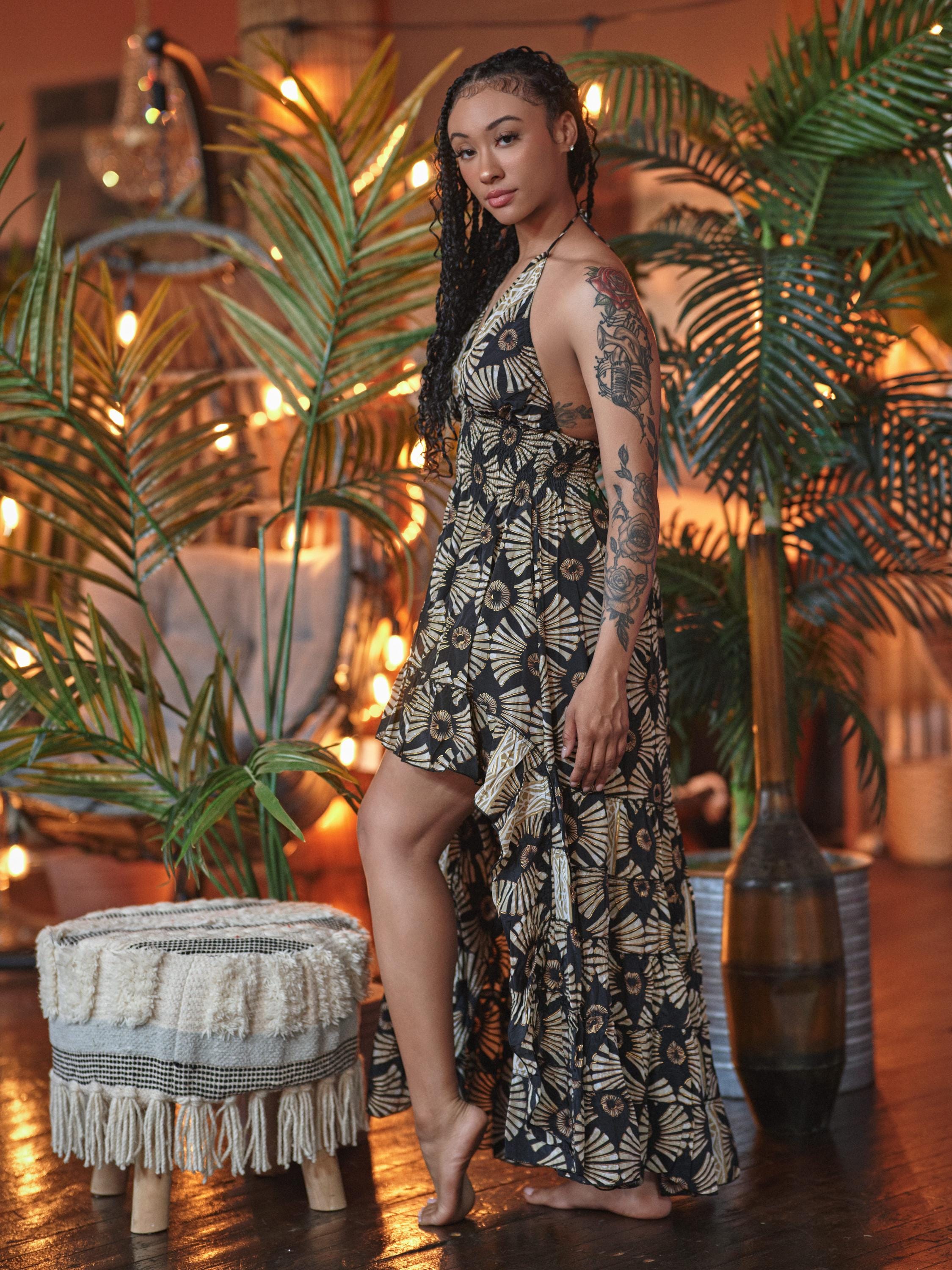 black and gold boho dress Goddess Maxi , Silky High-Low Halter,Black & Festival Resort Wear breathable feel thats ideal Jersey Colors:Green black and gold dress all black Linen Long Dress BOHO/