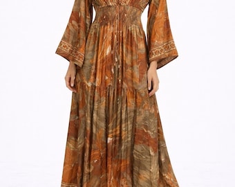 Rayon Maxi Kaftan Dress, Boho V-Neck Summer Party Dress With Pockets