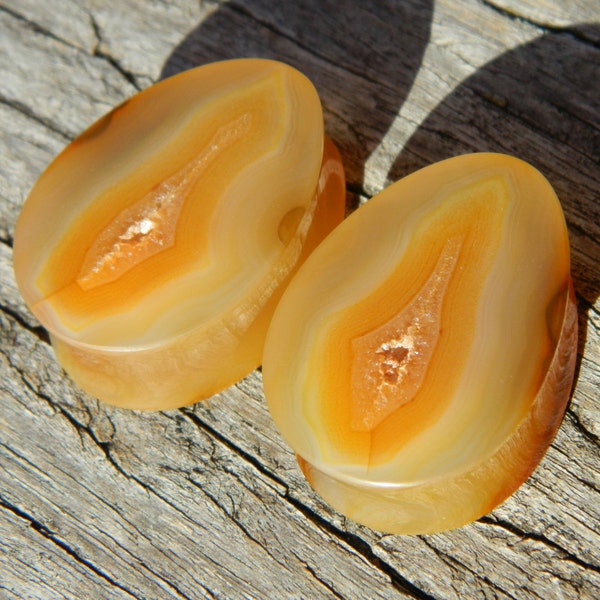 RESERVED for Anne-Marie 1-1/8" (28.5mm) Brazilian Agate Teardrop Plugs With Geode Faces