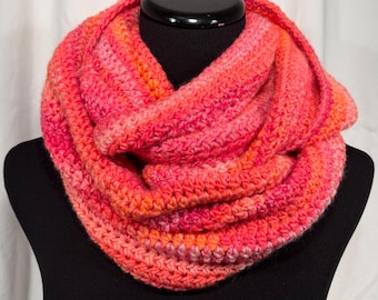 Neon Pink and Orange Stripe Infinity Crochet Scarf