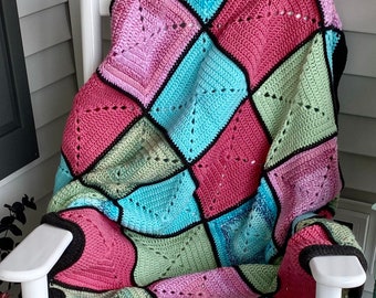 Pink, Blue, and Green Basic Granny Square Patchwork Crochet Afghan