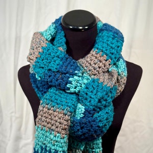 Turquoise and Tan Striped Crochet Oversize Scarf