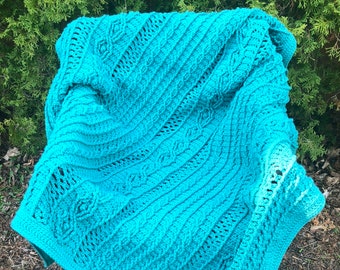 Teal Colored Acrylic Yarn Cable "Knit" Crochet Blanket