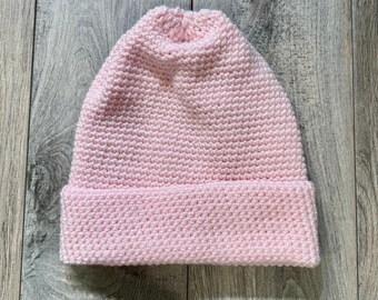 Pink Fold-Over Crochet Hat with Sparkle