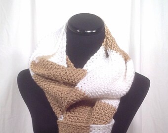 White and Tan Striped Oversize Crochet Scarf
