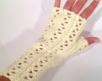 Winter White Lace Crochet Fingerless Gloves