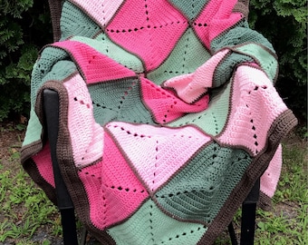Pink and Green Basic Granny Square Patchwork Crochet Afghan