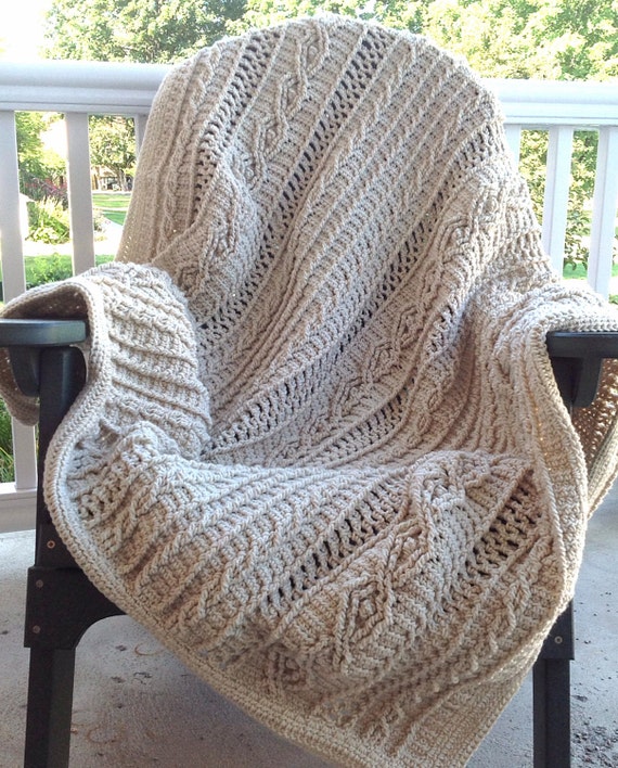Oatmeal Colored Acrylic Yarn Cable knit Crochet Blanket 