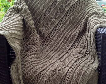 Mocha Colored Acrylic Yarn Crochet Cable "Knit" Afghan