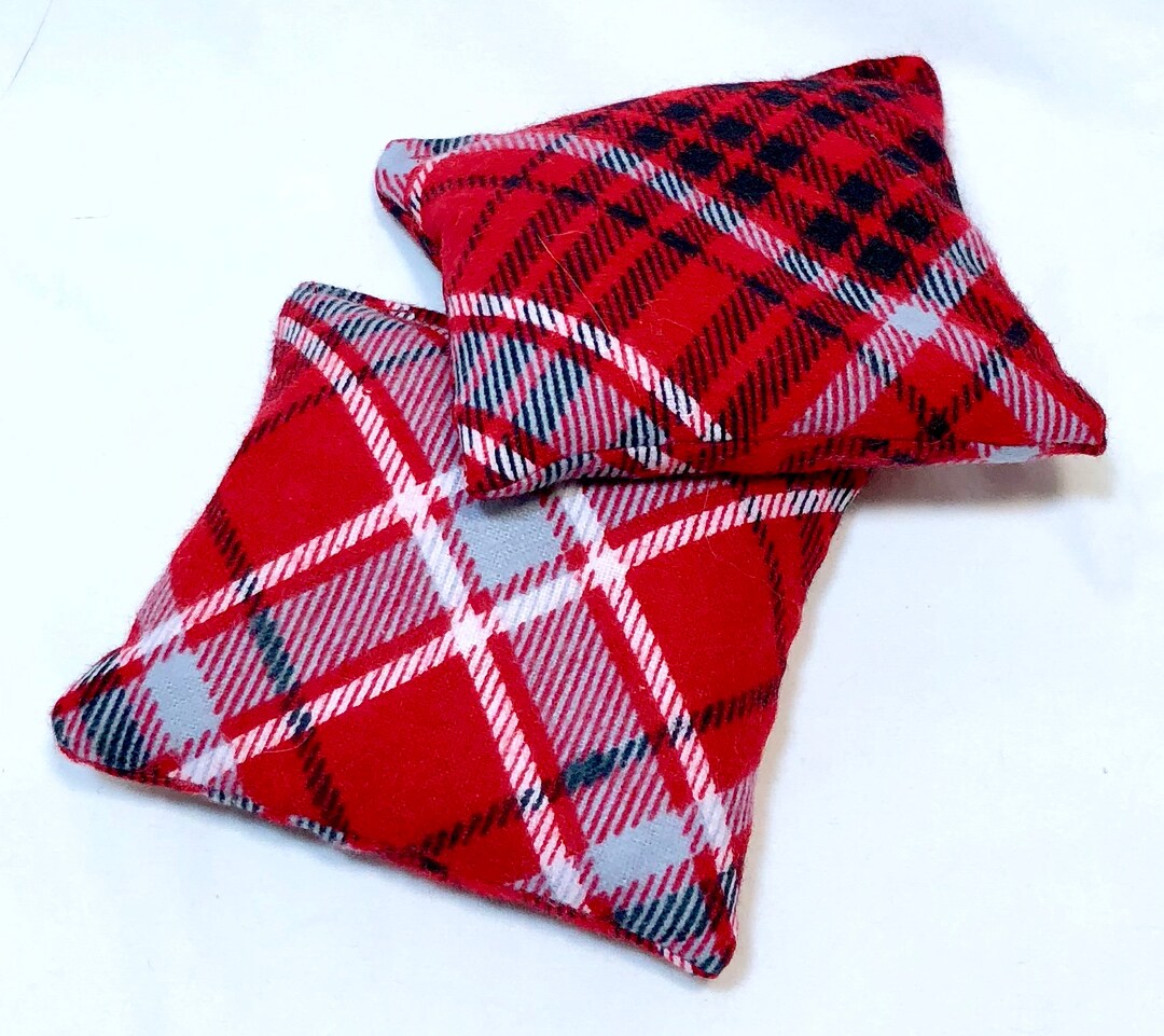 thumbnail image 2 of Handmade Microwave Rice Bag Hand Warmers – Set Of 2, Red Plaid Fleece – Reusable, Made In USA 2 of 6
