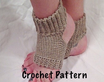 May include: A pair of beige crochet ankle warmers with a hole in the back for the heel. The ankle warmers are worn on a person's feet. The text "Crochet Pattern" is visible at the bottom of the image.