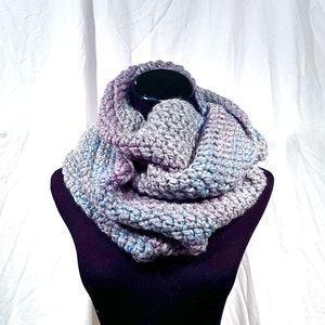 Blue, Pink, Cream, and Grey Tweed Chunky Infinity Crochet Scarf