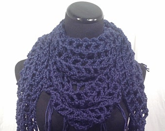 Navy Blue Fringed Mesh Triangle Crochet Summer Scarf