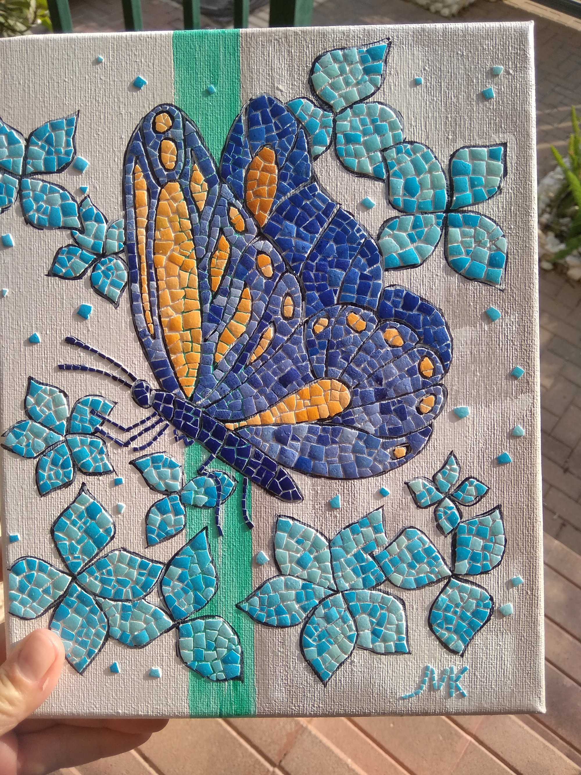 Blue Butterfly Turquoise Hydrangea Flower Wall Hanging Egg Shell Mosaic Mixed Media Collage Home