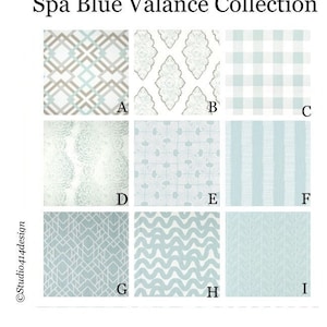 Spa Blue Valance Collection. Colors: Spa Blue and White. Choose your Fabric. Custom Widths (24&quot;-52&quot;)